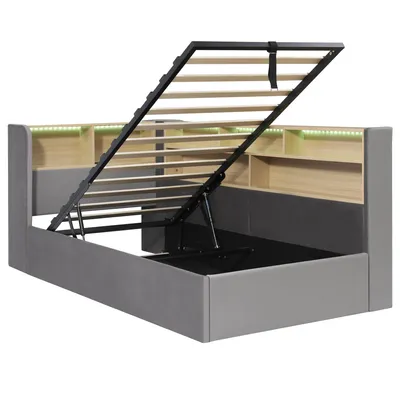 Produktbild von Flieks Hydraulisches Schlafsofa 90x200cm mit Stauraum, Polsterbett mit USB und Type-c, Tagesbett Einzelbett Jugendbett mit Led, Samt, Grau