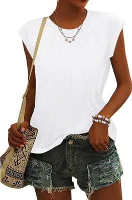 Image de ASKSA Femme col rond manches papillon T-shirt plissé Été Unicolore Blouse Casual Lose Basic Tunique Tops Hauts (Blanc,L)