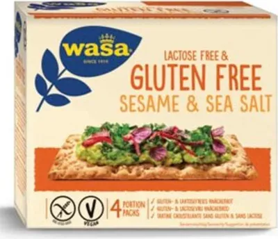 The image shows the front of a product box for Wasa Gluten Free crackers.