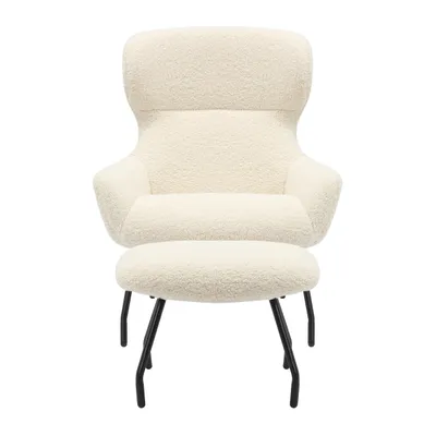 Produktbild von SalesFever Sessel und Hocker Set | Bezug Teddyfell | Beine Metall | B 79 x T 82 x H 103 cm | beige – schwarz