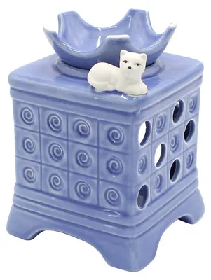 Immagine prodotto di Dekohelden24: Lampada profumata a forma di stufa a legna, color blu, con decorazione a forma di gatto / Lampada aromatica / Candela profumata / Diffusore di fragranze