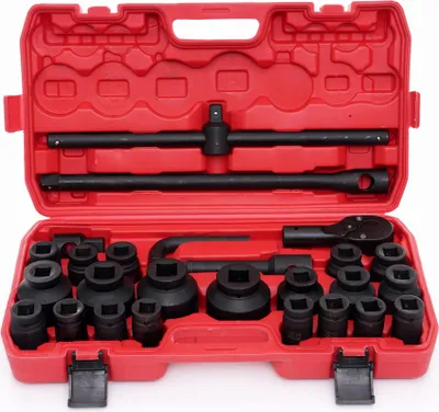 A red plastic case containing a set of black metal tools, including sockets, extensions, and a ratchet.