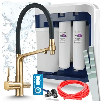 Immagine prodotto di Rubinetto da cucina a tre vie, flessibile, in ottone, con doccetta estraibile. Inclusa nel set il sistema di filtraggio dell'acqua Aquaphor Ro-202S Pro