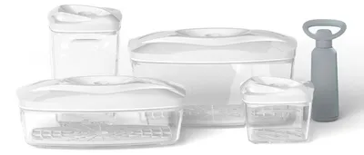 Produktbild von Weißes Vakuum-Set mit 4 Containern, Pumpe und Deckeln, Essensboxen