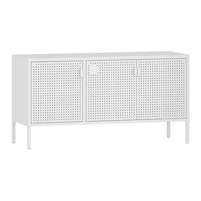 A white cabinet with three perforated doors and thin legs, shown against a white background.