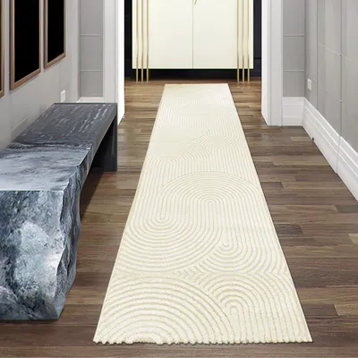 Produktbild von Moderner Wohnzimmerteppich mit gebogenem Muster in creme Größe - 80 x 300 cm