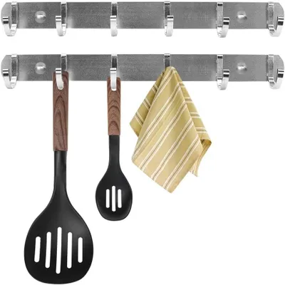 Produktbild von 2 Hakenleisten für die Küche, Garderobenhaken ohne Bohren mit 6 Haken, Wandhaken aus Edelstahl für Küche, Schlafzimmer, Bad und Garderobe