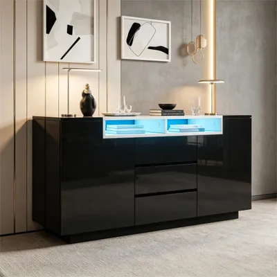 Produktbild von Merax Hochglanz Sideboard mit LED, Kommode mit 3 Schubladen und 2 L-förmigen Türen, Wohnzimmerschrank  mit verstellbaren Einlegeböden, Schwarz