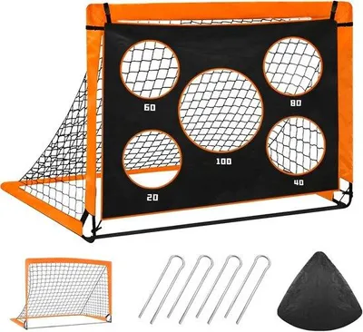 Image de But de football pour enfants 2-en-1, pour le jardin, facile à transporter, 5 mailles, sac avec fermeture éclair, 4 piquets