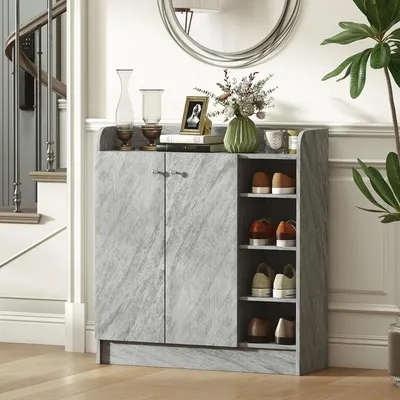 Image de Meuble à chaussures - Rangement à chaussures étroit - 2 portes - Étagères ouvertes sur les côtés - Haut - Gain de place - En bois - Pour l'entrée
