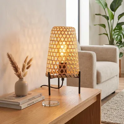 Produktbild von Decollatura moderne Boho Tischlampe aus Metall/Rattan in Schwarz/Natur