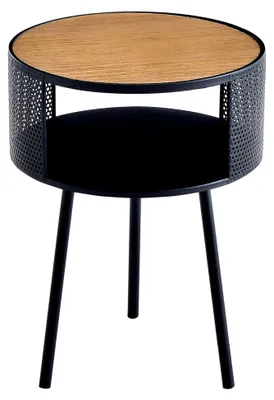 Produktbild von Runder Beistelltisch Bjørnsund 34 cm Breite mit offener Ablagefläche, Wohnzimmertisch aus Metallgestell in Holz-Optik/Schwarz