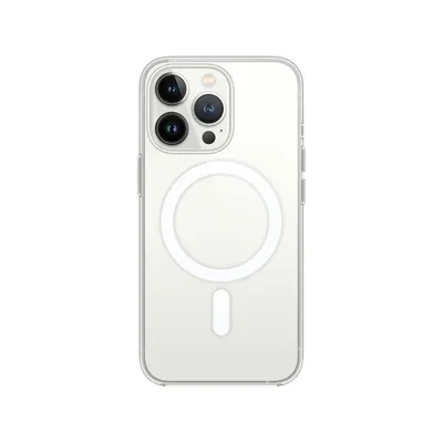A transparent iPhone case with MagSafe compatibility is shown against a white background.