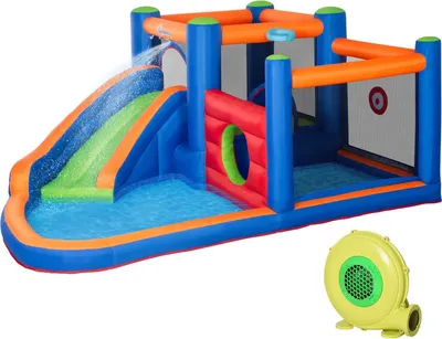 Produktbild von Aufblasbare Hüpfburg Wasserpark Mit Gebläse Hüpfburg Mit Wasserrutsche Basketballkorb Aufblasbare Wasserspielcenter Ab 3 Jahren Trampolin