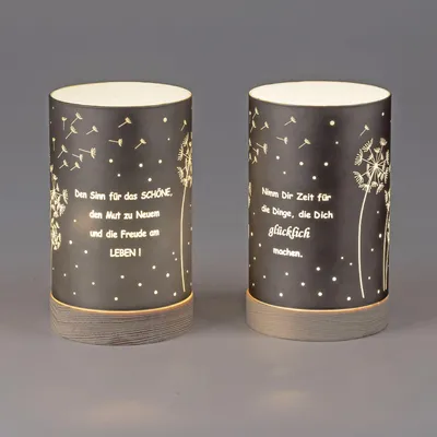 Produktbild von 2er Set LED Tischlampen Deko Lichter mit Spruch H. 15cm Glas mit Timer Formano
