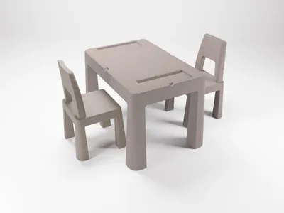 A children's table and two chairs set on a plain white background.