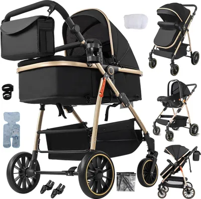 Zdjęcie produktu dla Wózek dziecięcy, ergonomiczny uchwyt, duża przestrzeń do przechowywania, czarno-złoty