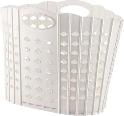 A white foldable laundry basket with a cloud pattern cutouts.