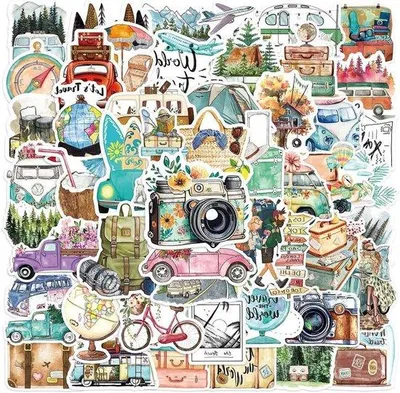 Image de 50 Stück Mini-Reissticker - dekorative Klebestifte für Reisalbum, Tagebuch, Notizbuch, Wasserflasche und Fotobuch