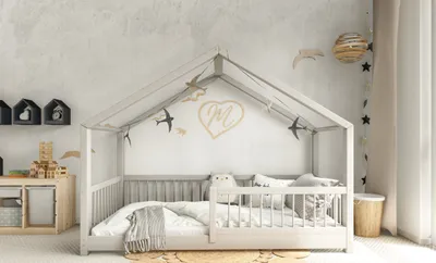 Produktbild von MUSA Kinderbett Hausbett Holzbett 80x160 Grau 100% Kiefernholz Rausfallschutz Beinhöhe 3 cm