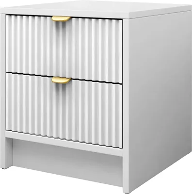 A white nightstand with two drawers and gold handles.