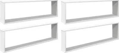 Four white cube shelves are arranged in a 2x2 grid against a white background.