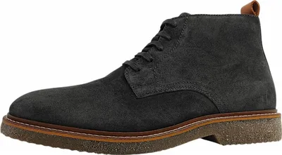 A single gray suede boot with brown accents and a brown sole is shown against a white background.