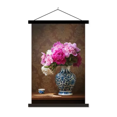 Produktbild von MuchoWow® Textilposter Pfingstrosen - Vase - Farben 40x60 cm mit schwarzem Rahmen - Wanddekorationen