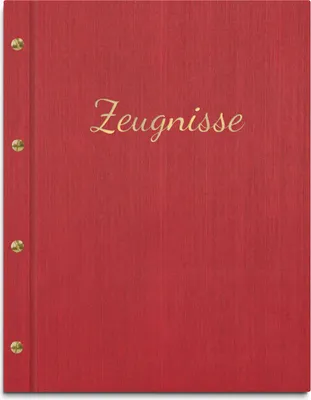 Produktbild von Zeugnismappe im roten Einband in Leinenoptik, mit hochwertiger Beschriftung in gold – handgefertigte Mappe für Zeugnisse inkl. 12 Sichthüllen
