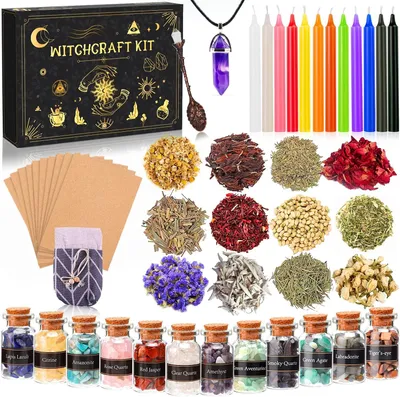 Productafbeelding van Hekserij starterset, 52 stuks, kleine kaarsen, gedroogde bloemen, kristallen, maatlepel, perkamentpapier