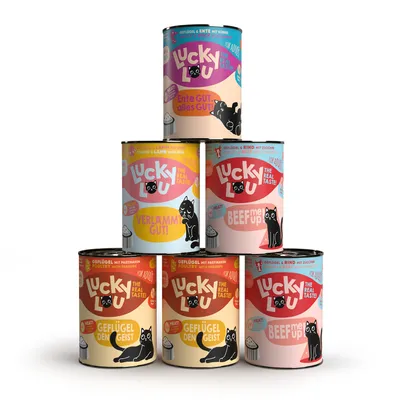 A pyramid stack of Lucky Lou cat food cans against a white background.