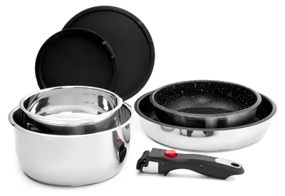 Produktbild von 7-teiliges Edelstahl Kochtopf- und Pfannenset für Induktion mit abnehmbarem Griff, stapelbar, PFAS-frei, antihaftbeschichtet, 20/26 cm Pfannen, 16/20 cm Kasserollen, für alle Herdarten, ofenfest