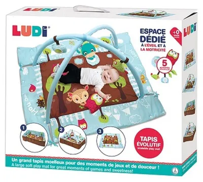 Produktbild von Ludi Baby Spielmatte blau Eule mit Bögen und sensorischem Spielzeug