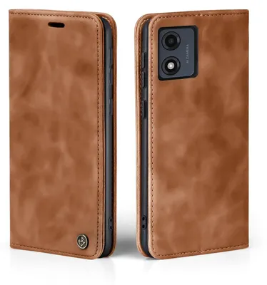 A brown leather flip case for a smartphone is shown from two angles.