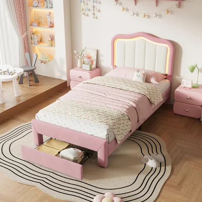 Obrázok produktu pre MODFU posteľ pre mládež, 90 x 200 cm, s matracom, detská posteľ s úložným priestorom, s 2 zásuvkami a LED osvetlením, čalúnená posteľ s čalúnenou opierkou, ružová