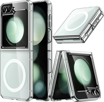 A collage of images showing a clear protective case for a Samsung Galaxy Z Flip 5 phone, with different views and angles.