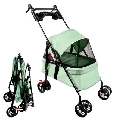 Produktbild von Faltbarer Kinderwagen für Hunde und Katzen, Reisewagen mit Sicherheitsgeschirr und Getränkehalter, für Haustiere bis 15 kg (Mintgrün)