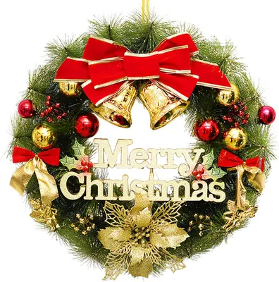 Produktbild von Weihnachtskranz für die Haustür, künstlicher Tannennadelkranz mit Kugeln, Schleifen, Blumen, „Frohe Weihnachten“, hängende Dekoration für Zuhause, Wand, Fenster, Veranda, Innen- und Außendekoration