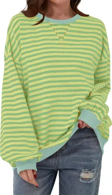 Produktbild von ASKSA Damen Sweatshirt Oversized Gestreift Farbblock Rundhals Langarmshirt Oberteile Herbst Y2K Shirt (Hellgrš¹n,L)