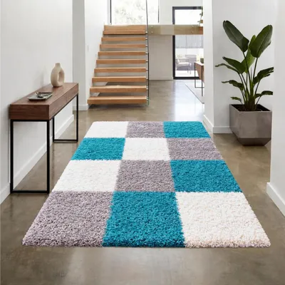 Produktbild von Shaggy Teppich Mehrfarbig Türkis Grau Creme für Wohnzimmer und Schlafzimmer – moderner Hochflor Teppich weich und stilvoll Größe - 60 x 110 cm