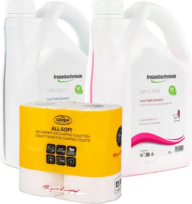 Produktbild von Freizeitschmiede Set Sanitärzusatz 1x Simple Blue & 1x Simple Rinse je 2L & 1x All Soft Toilettenpapier 4 Rollen Campingtoilette Sanitärflüssigkeit