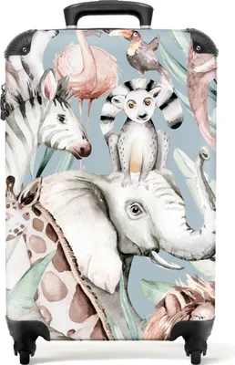 Produktbild von NoBoringSuitcases.com Kinder Handgepäck Koffer 55x35x20 cm, 36L, Farbenfrohe Drucke für Kinder: Blau - Tiere, Reisekoffer mit 4 Rollen