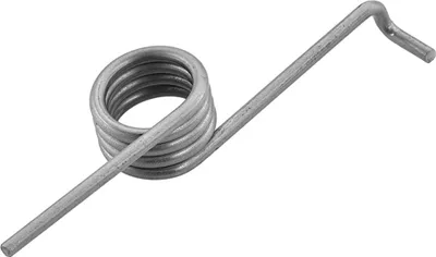 A metal spring with a coiled section and two straight ends, one bent at a right angle.