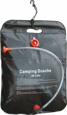 A black camping shower bag with a hose and shower head attached.