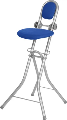 A blue and silver folding stool with a backrest, shown against a white background.