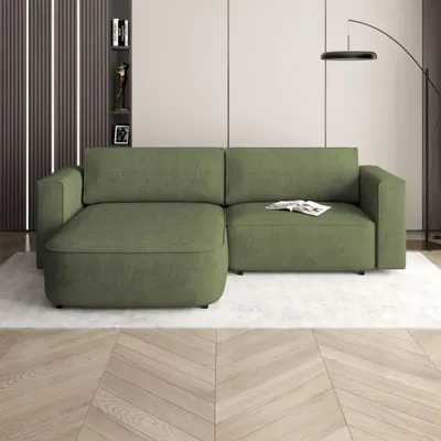 Produktbild von Ecksofa CARLOS Dunkelgrün, L-Form - mit Schlaffunktion, Bettkasten & universeller Ottomane