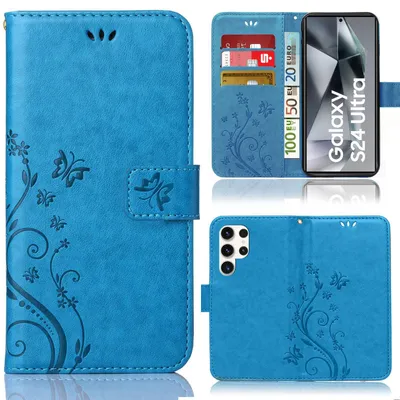 Produktbild von Handy Tasche für Samsung Galaxy S24 Ultra Schutz Hülle Handyhülle mit Blumenmuster Klapp Hülle mit Standfunktion und Kartenfächer Blau