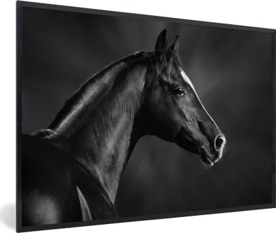 Produktbild von MuchoWow® Gerahmtes Poster Pferd - Tiere - Schwarz - Weiß - Porträt 90x60 cm - Poster mit Schwarzem Bilderrahmen Wandposter Rahmen Foto Bilder - Fotorahmen - Foto-Plakat
