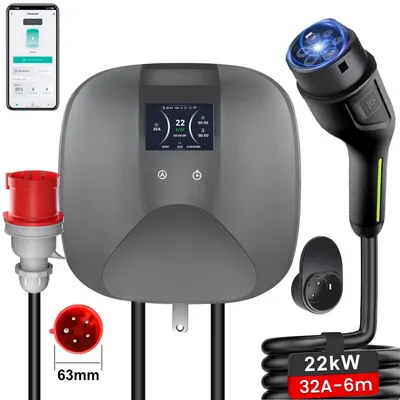 Produktbild von Hexinex EV Ladegerät 22KW Mobile Wallbox 6m Ladekabel Typ 2 Heim Ladestation 6-32A 3-phasig Mit App-Steuerung 400V IP65 CEE