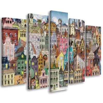 Produktbild von 5-teiliges leinwandbild fröhliche stadt 100x70 cm Feeby farbe wandbild bereit zum aufhängen